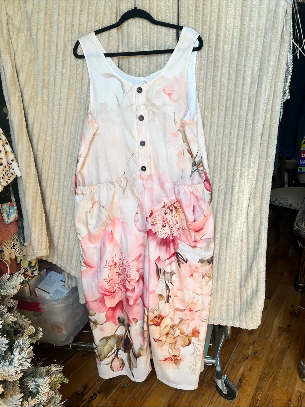 Sleeveless Floral Linen-Blend Jumpsuit in Pink
